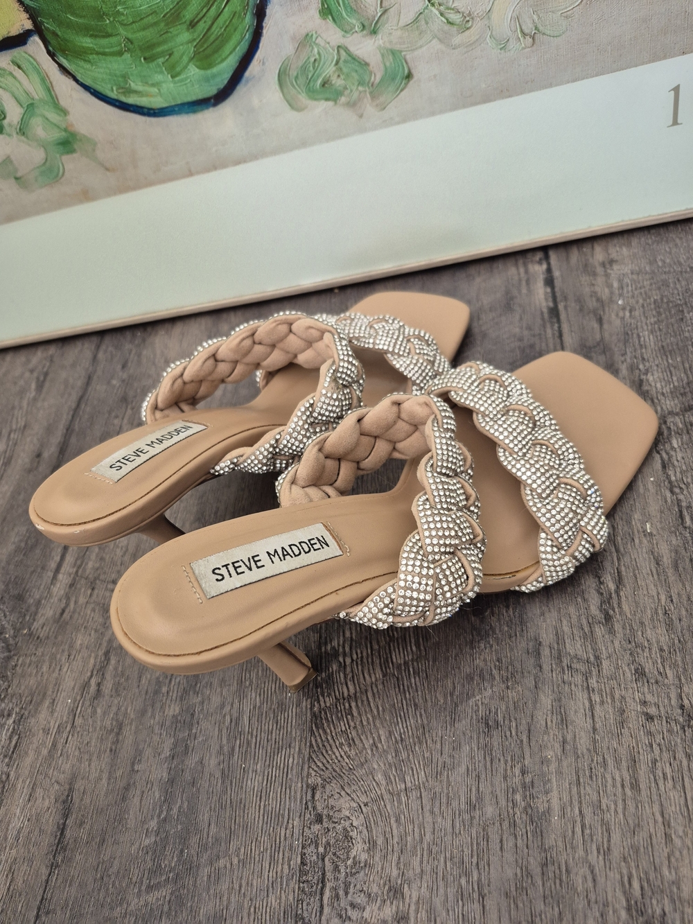 Steve Madden Beige Braided Crystal Strap Slide Heels - Picture 5 of 12